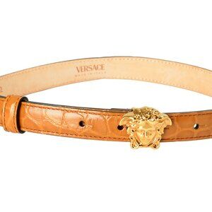 Versace Brown Croc Print 100% Leather Gold Medusa Head Skinny Belt US 22 IT 55